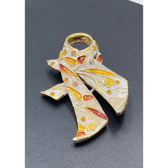BSK Vintage Gold Tone Orange Yellow Enameled Flower Rhinestone Encrusted Brooch - Picture 1 of 13